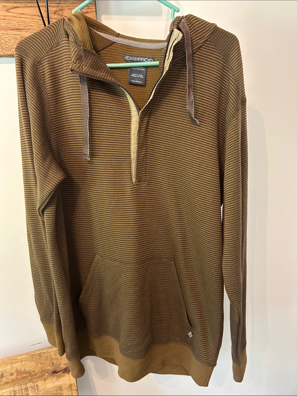 Exofficio Men's Olive and Brown Striped Half-Zip Hoodie Sweater